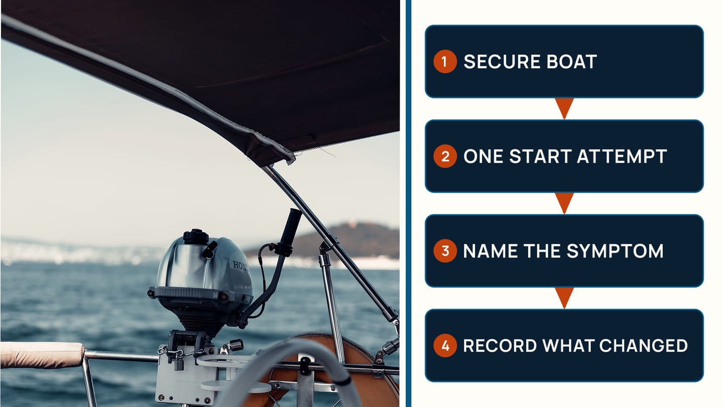Outboard mounted on a boat beside a secure, start, classify, and record sequence