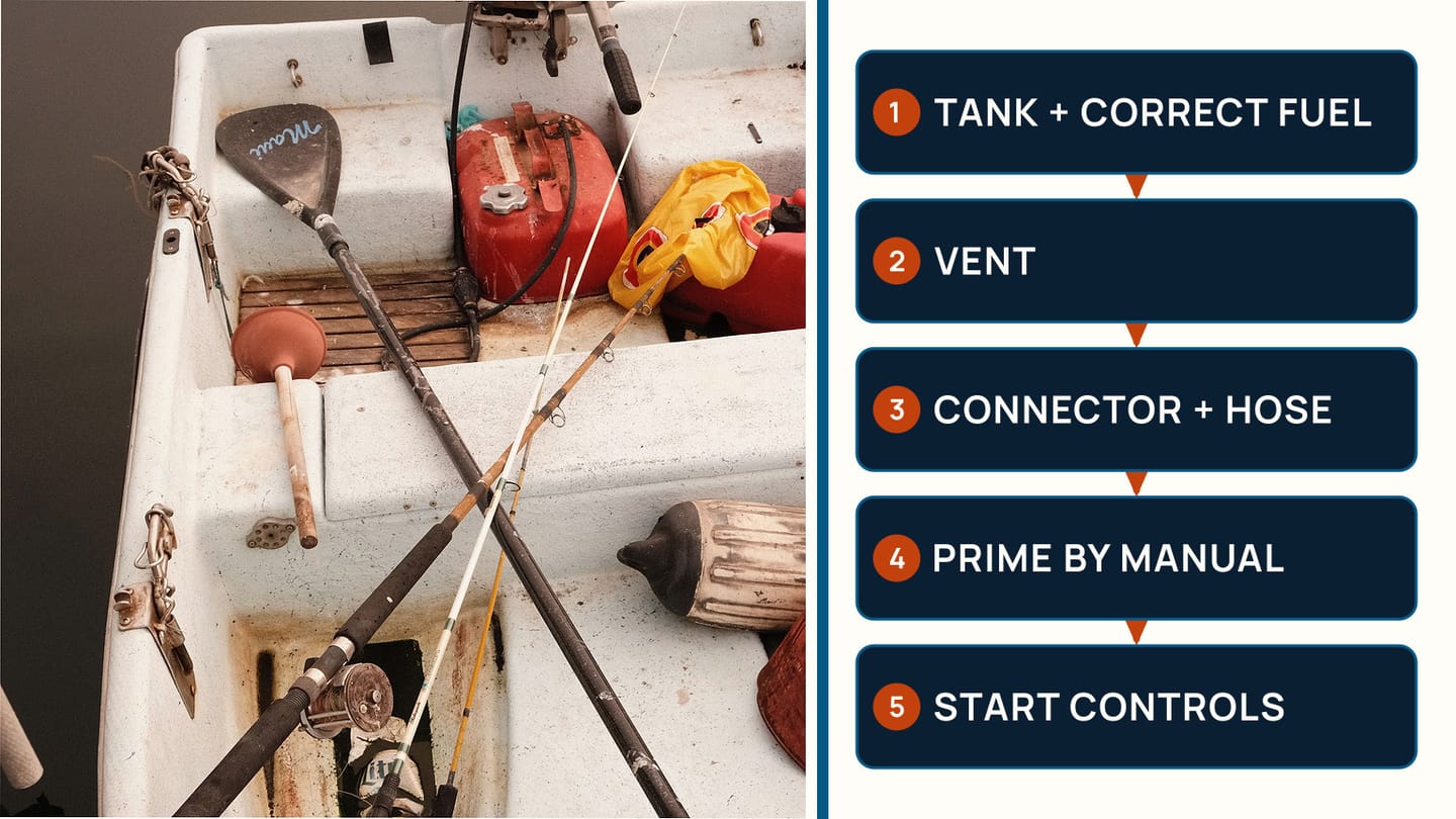 Portable fuel tanks aboard a boat beside an external fuel and start-control path