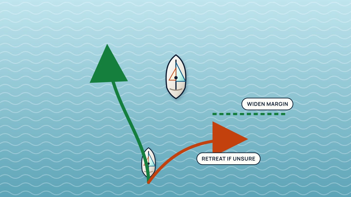 A green track makes a wide pass and grows separation while an orange retreat route remains open from the approach.