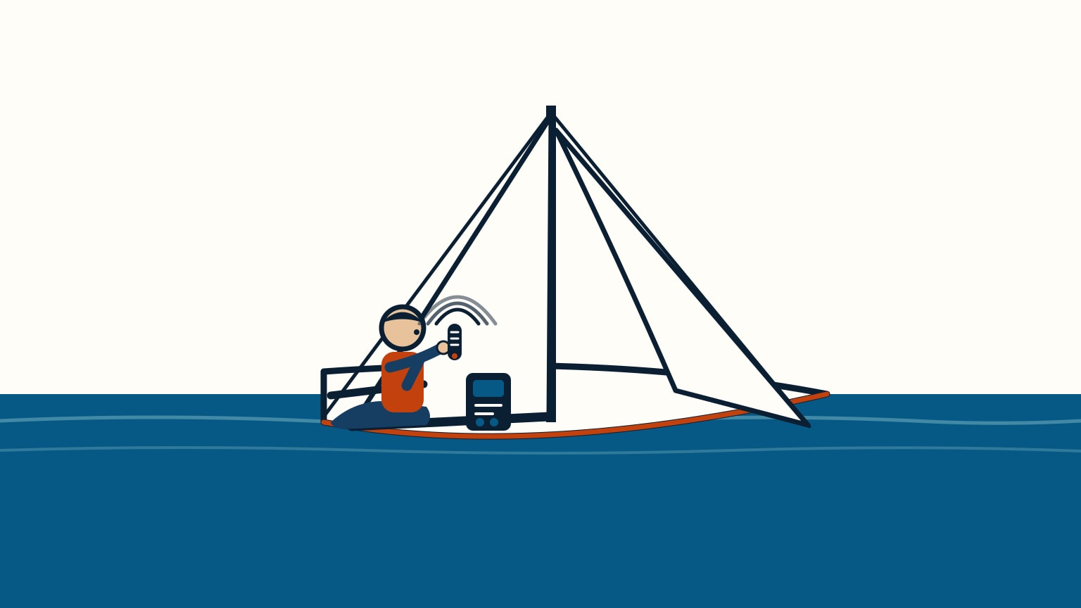 A sailor at the helm of a sloop holds a VHF hand-mic up to their mouth with small sound-wave arcs above it, one hand on the tiller, the cockpit radio's plain faceplate showing no distress button