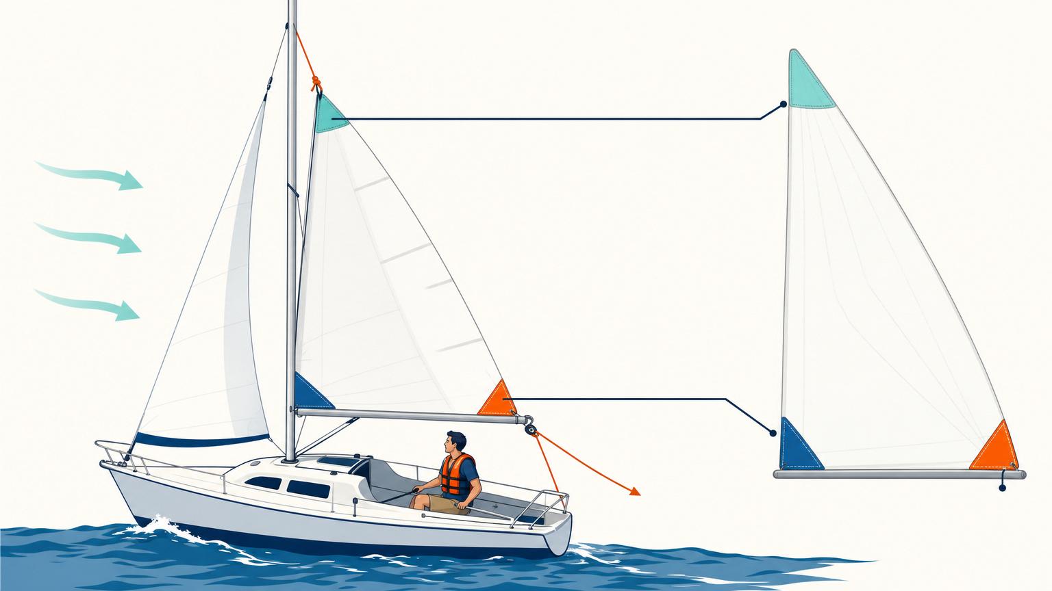Mainsail showing the top head pulled by a halyard, the tack fixed near the mast, and the clew pulled along the boom