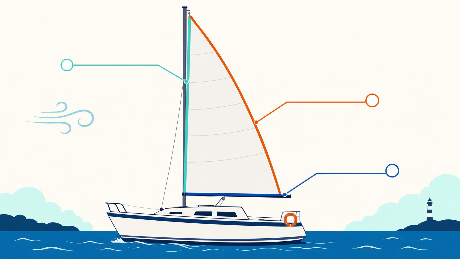 Triangular mainsail with the forward luff beside the mast, the aft leech, and the lower foot along the boom highlighted