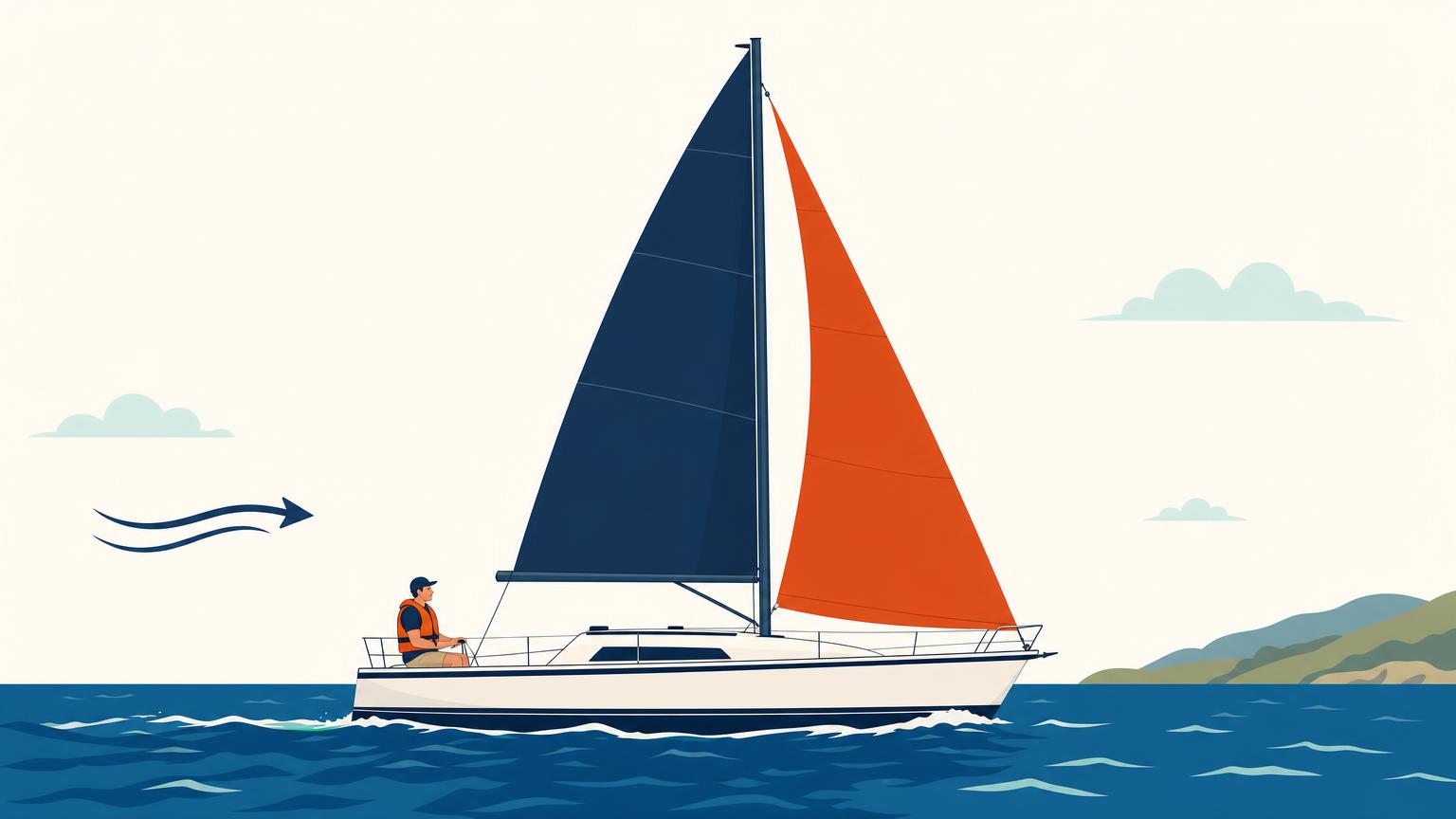 Side view of a sloop showing the mainsail behind the mast and the jib in front