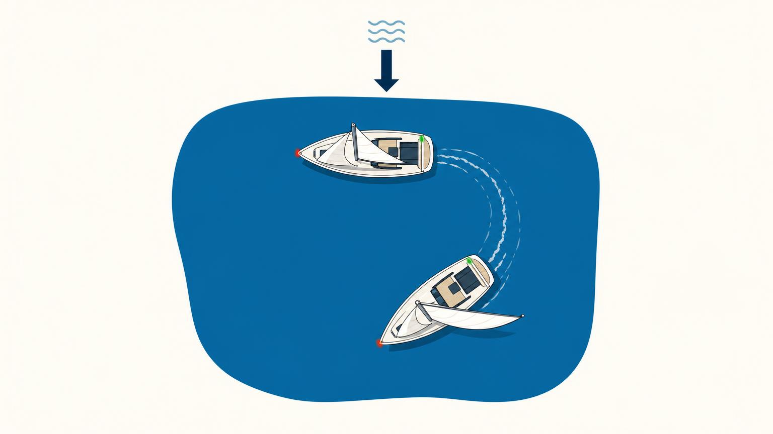 Overhead comparison of a beam reach with sails halfway out and a broad reach with sails eased farther