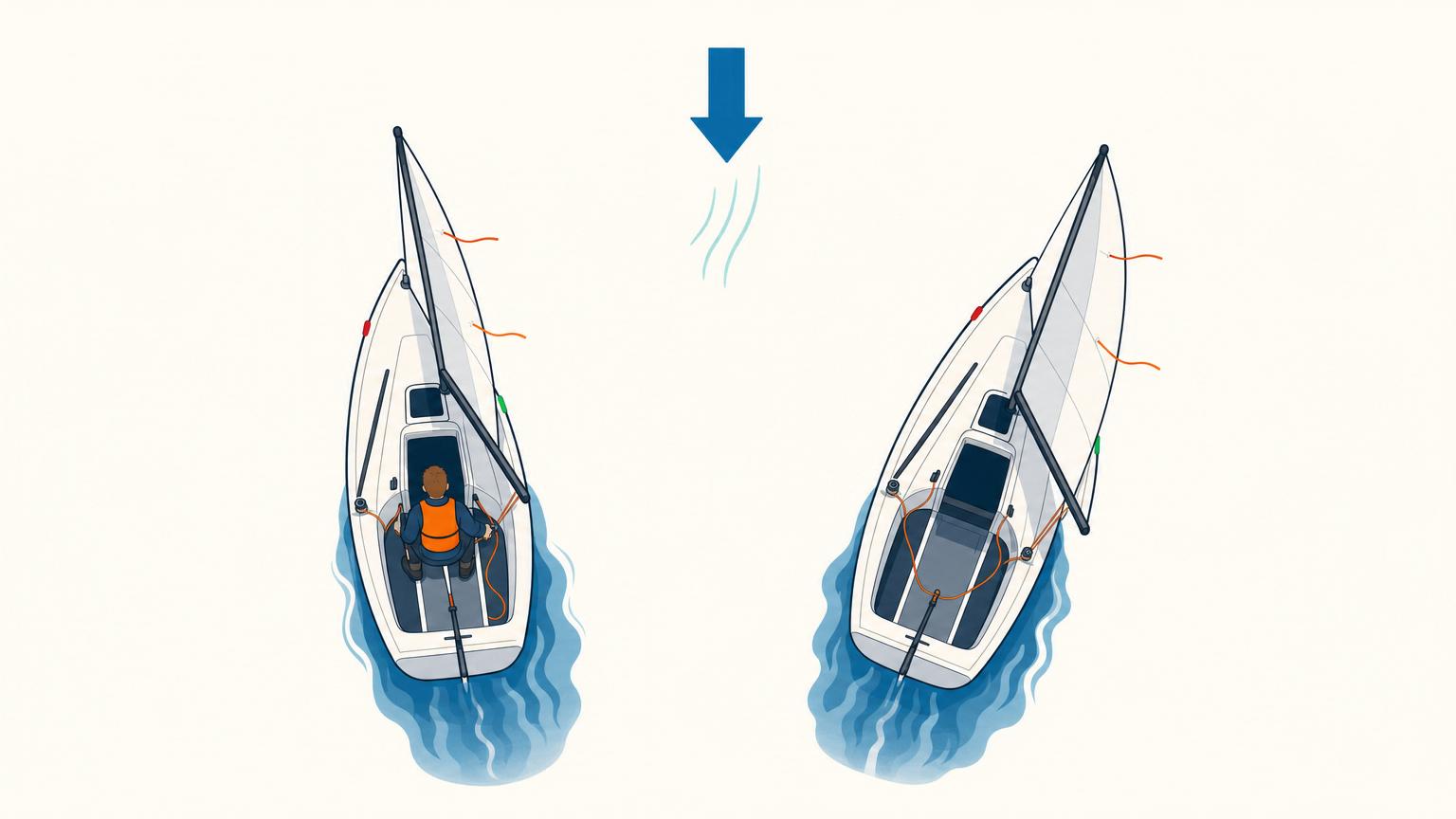 Comparison of a tightly trimmed close-hauled sailboat and a slightly eased close-reaching sailboat under the same wind