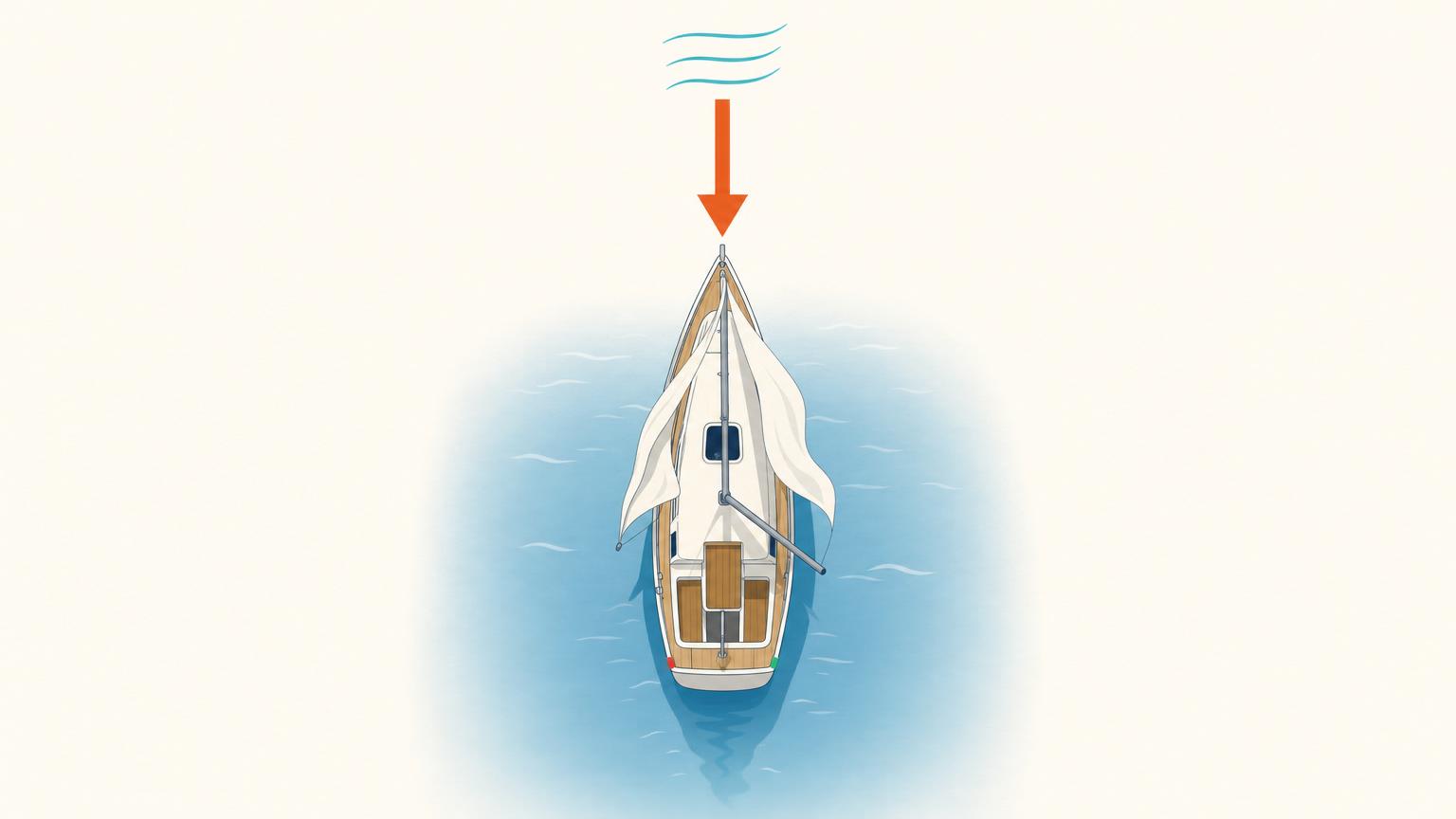 Sailboat pointing directly into the wind with flapping sails and almost no wake, showing a boat in irons