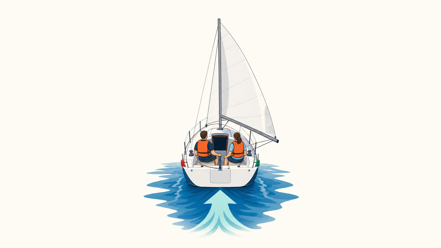 Sailboat running directly downwind with the mainsail fully eased and the wind arriving over the stern behind the crew