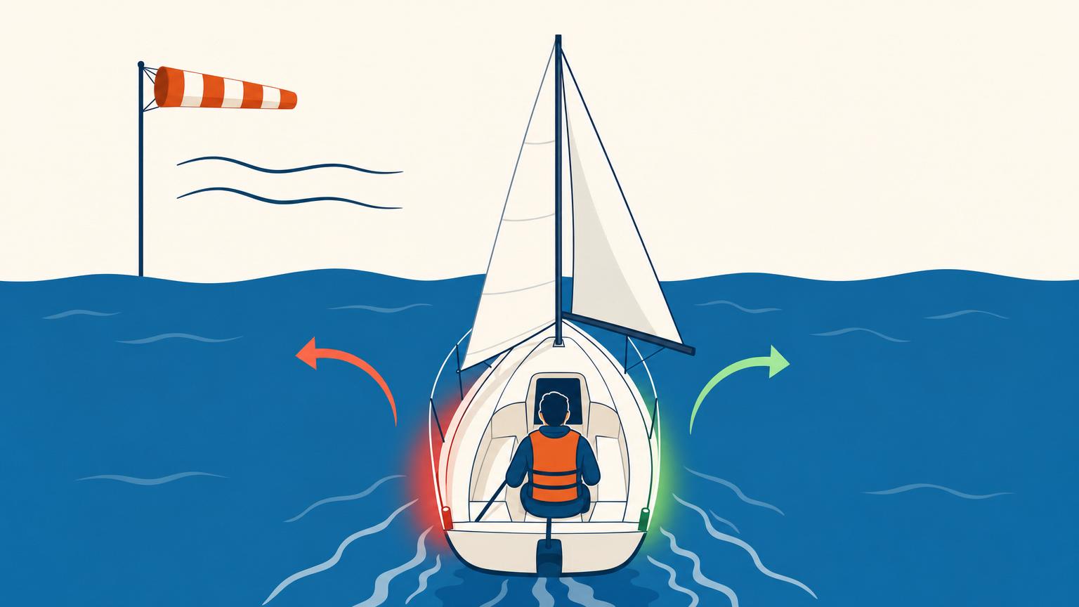 A sailboat seen from above and behind, its left (port) side glowing red and right (starboard) side green, with curved red and green arrows marking the two sides and a person facing forward toward the bow.