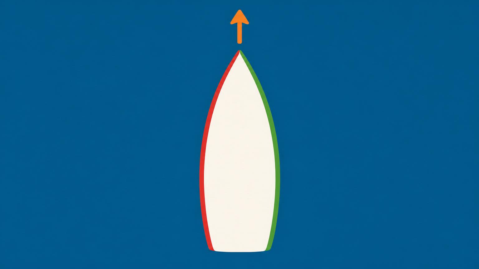 Top-down view of a boat: the left rail is marked red for port, the right rail green for starboard, and an arrow ahead of the bow points forward.