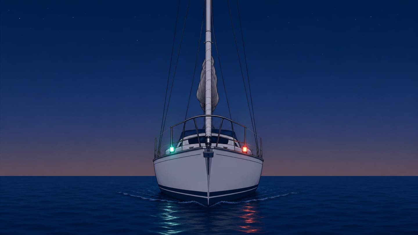 A sailboat seen from ahead at dusk with both red port and green starboard sidelights visible beside a small white bow light