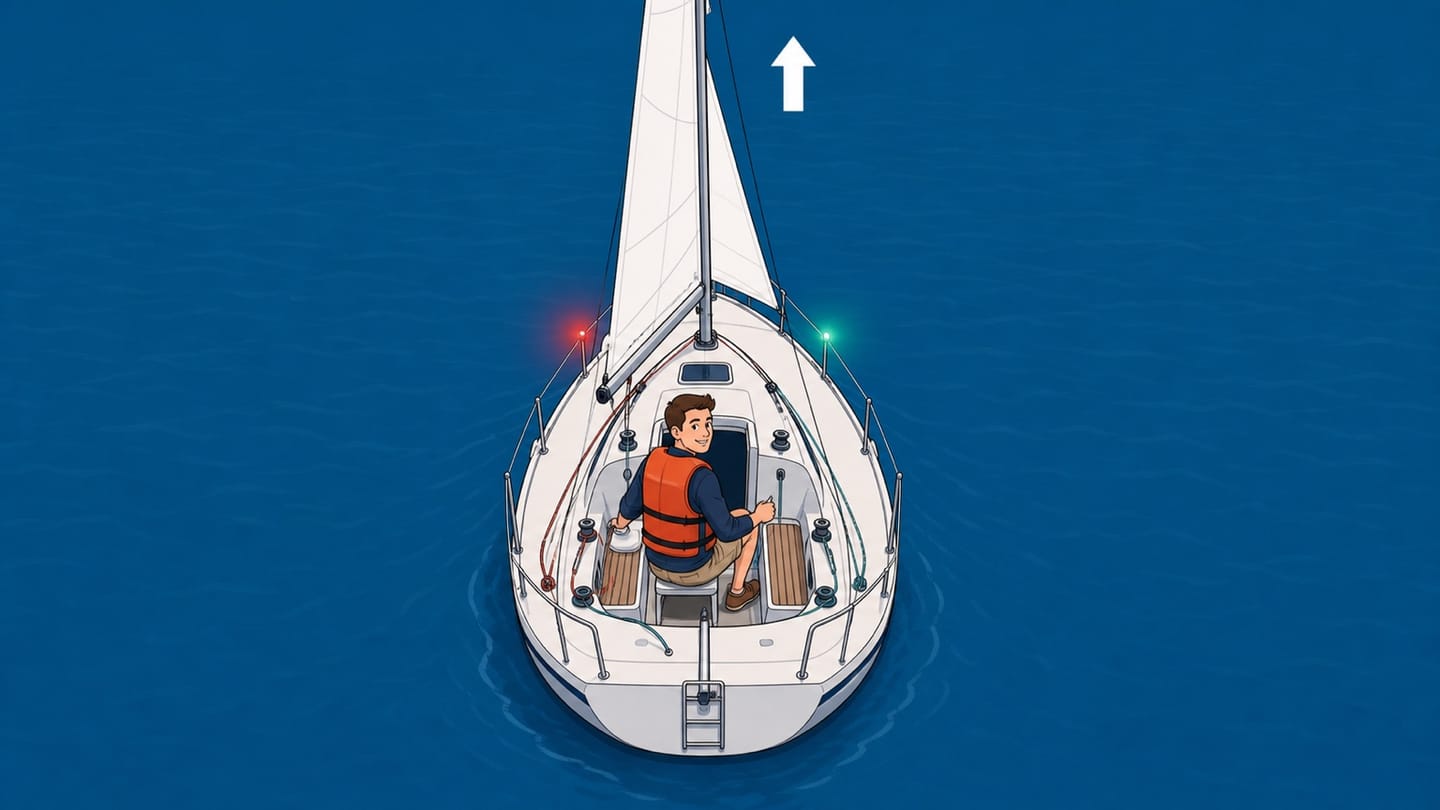 A top-down sailboat with one person facing its bow, the port rail highlighted red and the starboard rail highlighted green