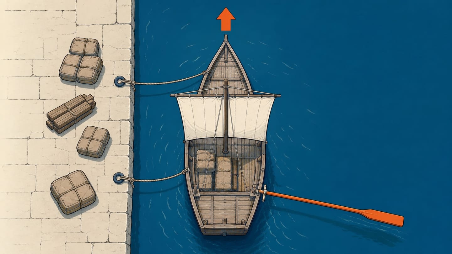 A historical single-masted vessel viewed from above, with a side-hung steering oar on its starboard side and a dock along its port side