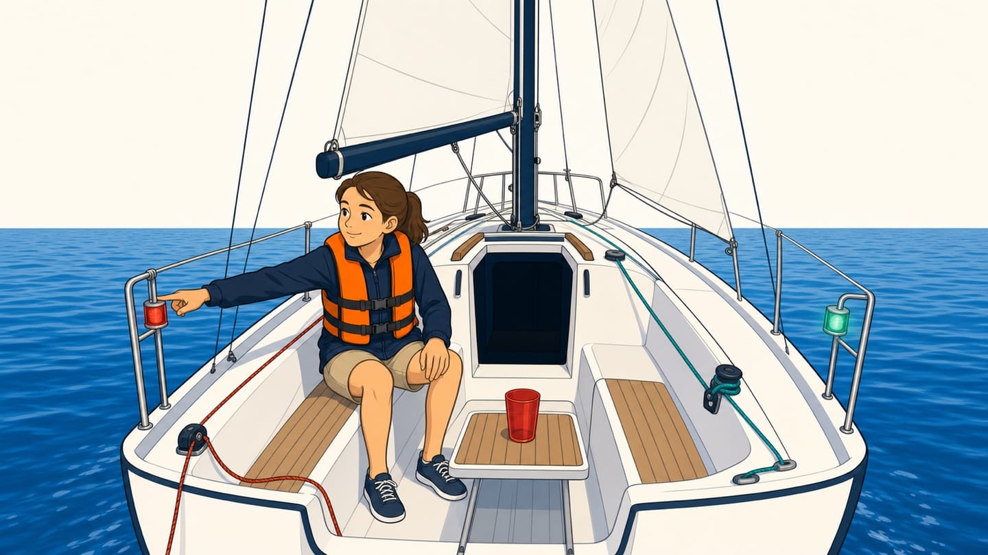 A forward-facing sailor uses a left-hand port cue beside a red sidelight and a green starboard sidelight on a simple sailboat