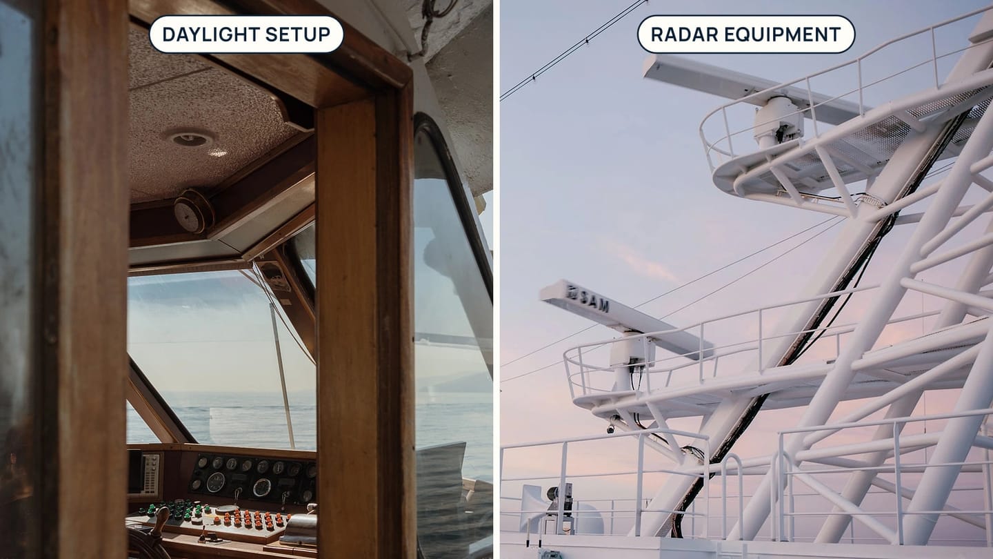 A yacht helm station appears beside a radar antenna, with callouts for daylight setup and radar equipment.