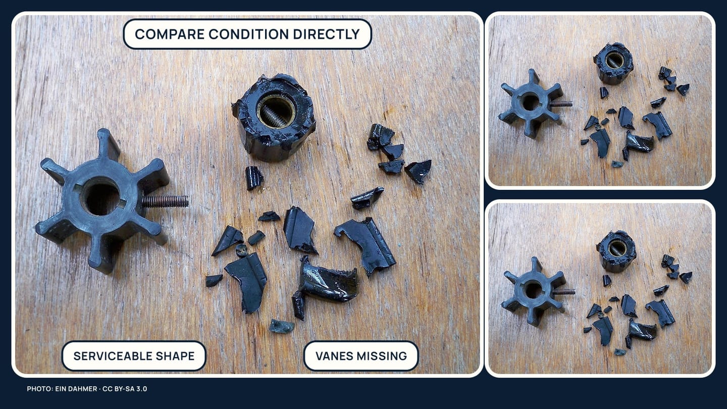 A real intact impeller beside one with most vanes broken away