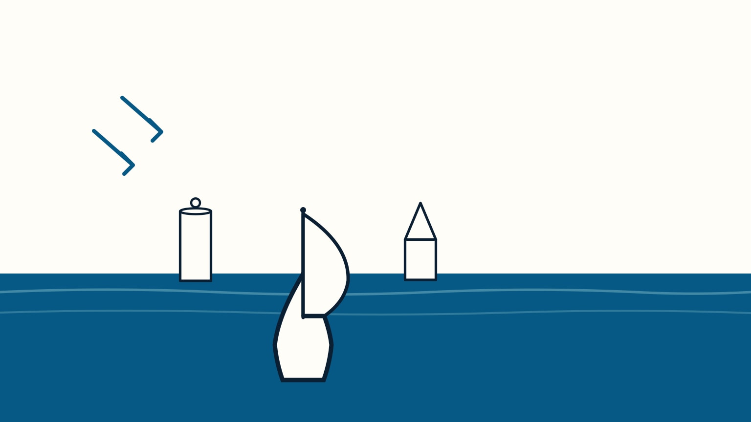 Sailor at the helm steering a channel entrance between a flat-topped can buoy and a pointed cone buoy as the boat comes in from open water