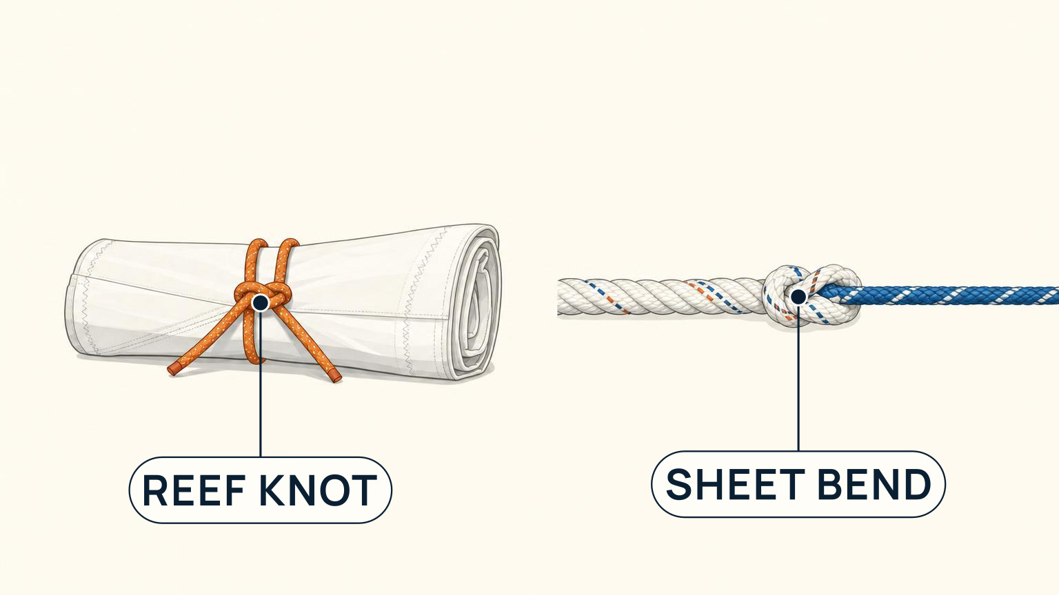 A reef knot binding rolled sailcloth beside a sheet bend joining a thick rope to a thinner rope