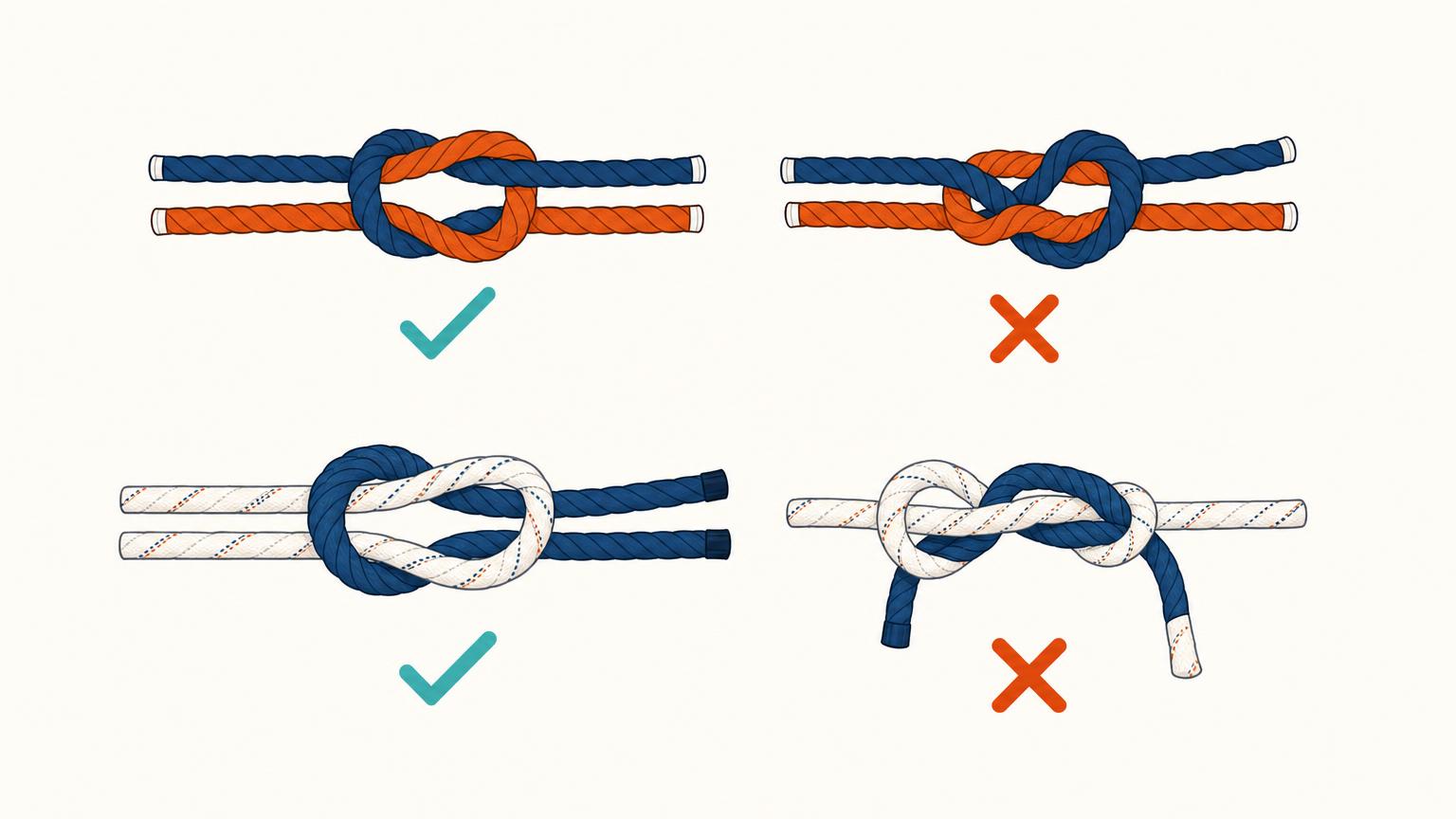 Correctly dressed reef knot and sheet bend compared with a granny knot and a poorly dressed sheet bend
