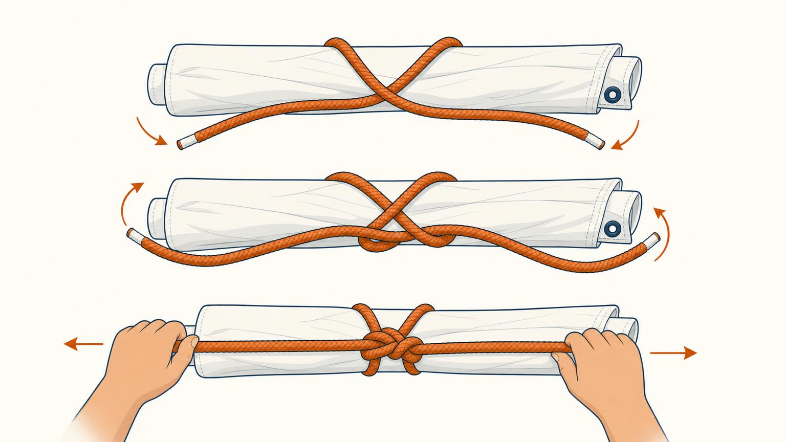 Three-stage sequence showing opposite crossings forming a flat reef knot around rolled sailcloth