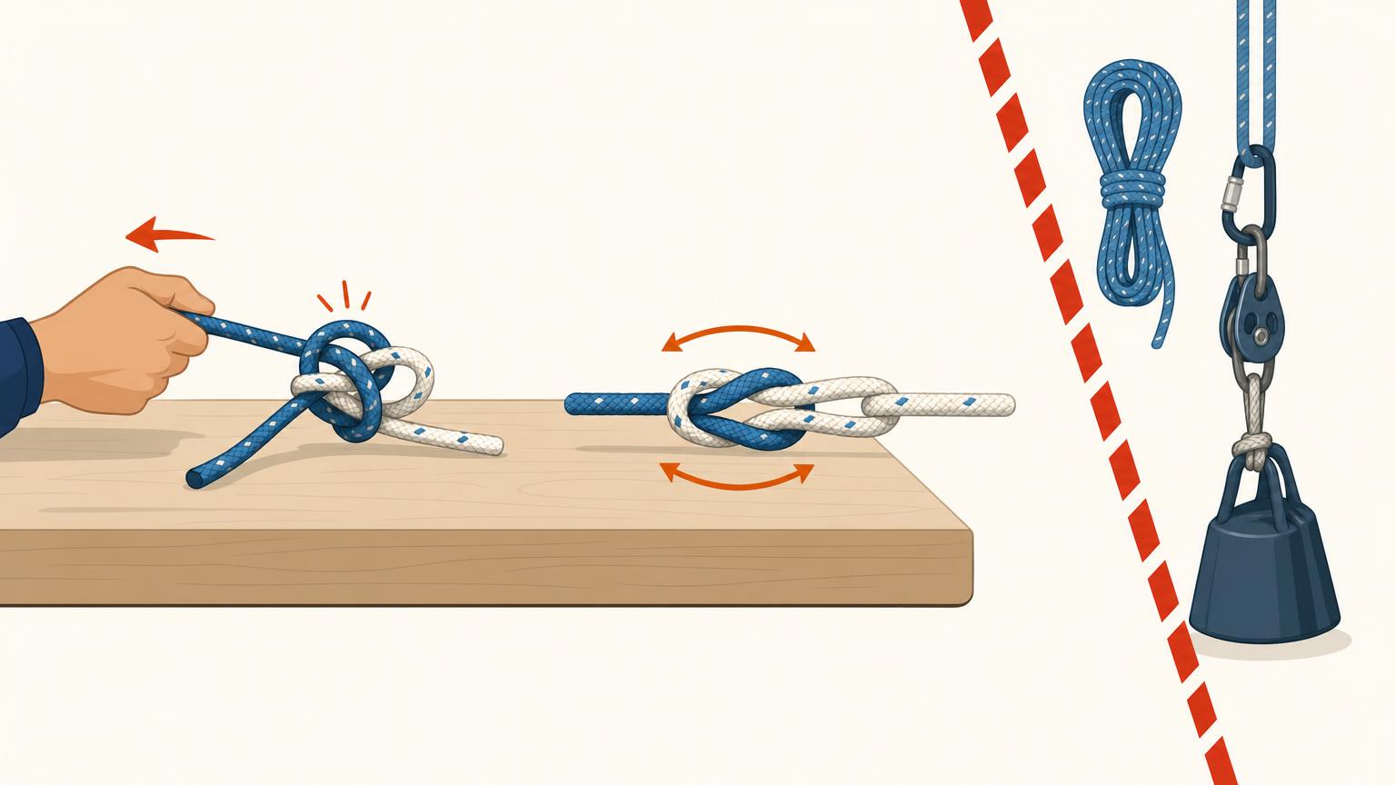 A reef knot spilling under a sideways tail pull and a sheet bend loosening while slack, separated from critical-load equipment