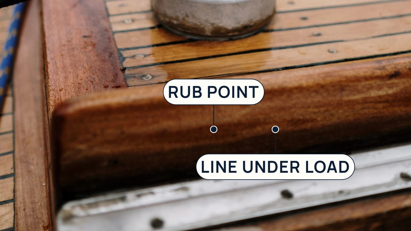 A rope wraps around a winch beneath a handle, with callouts for the loaded line and contact point.