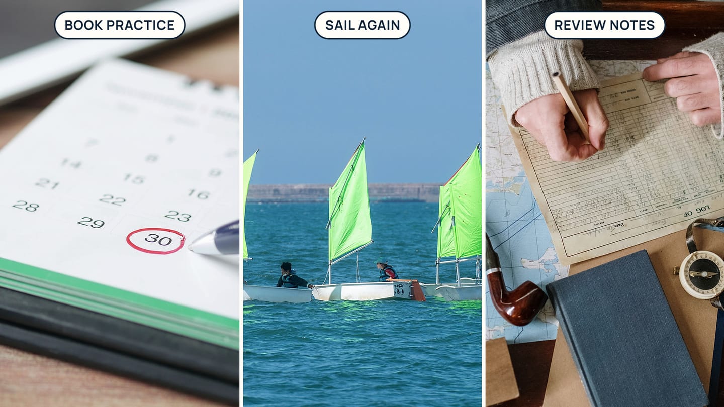 Panels labelled BOOK PRACTICE, SAIL AGAIN, and REVIEW NOTES show a calendar, training dinghies, and a nautical record