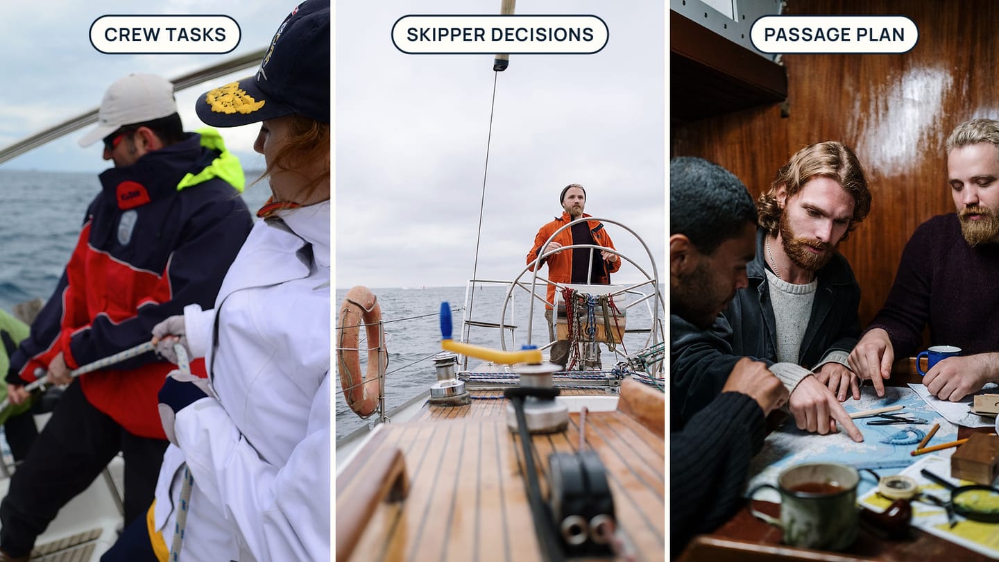 Panels labelled CREW TASKS, SKIPPER DECISIONS, and PASSAGE PLAN show working crew, a helmsperson, and a chart discussion