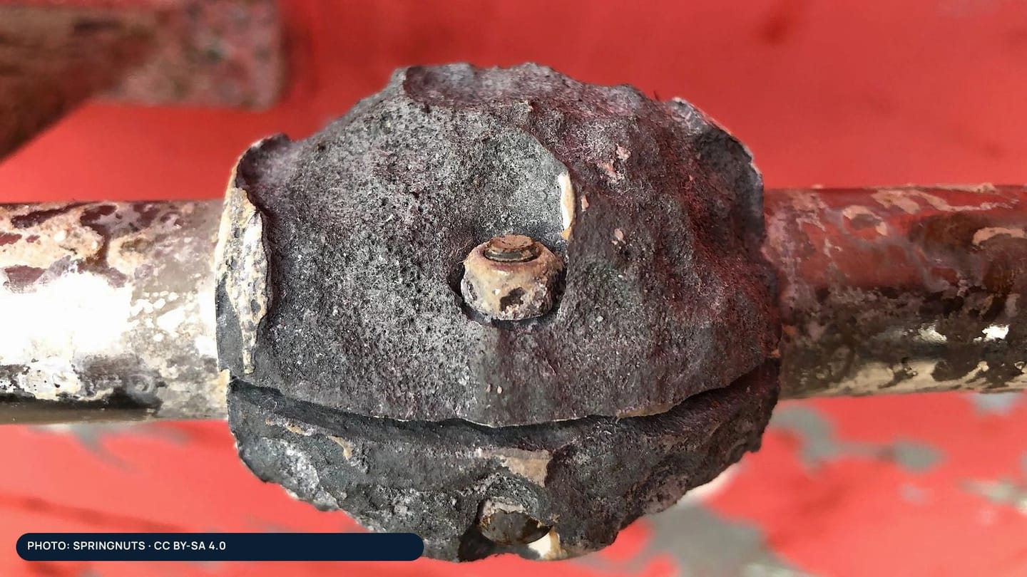 A heavily worn sacrificial anode clamped around a yacht propeller shaft