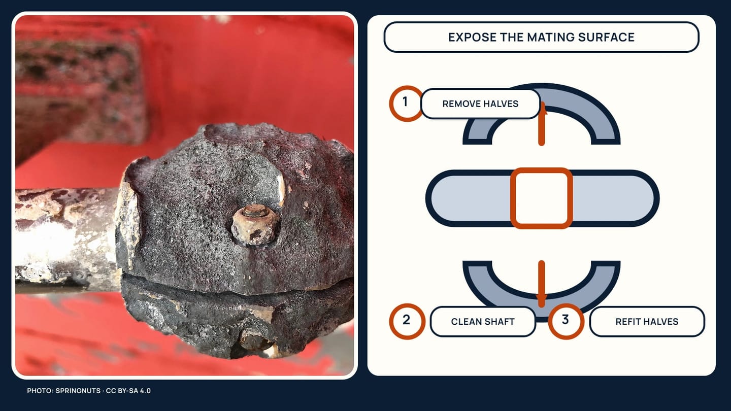 A worn shaft-anode photograph beside a cutaway showing two removed halves, an exposed shaft band, and refitting steps
