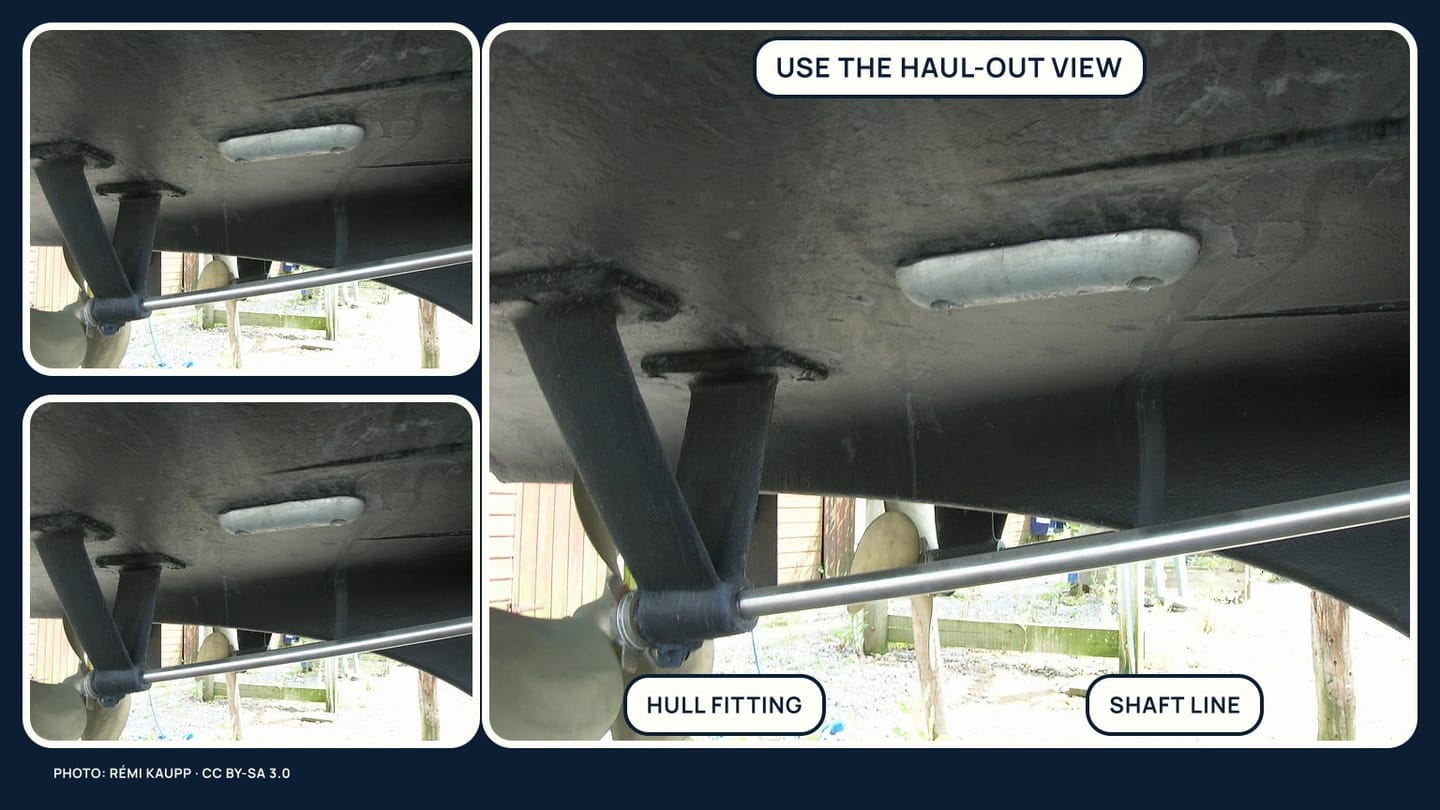 An underwater hull anode photographed beside the shaft, propeller, and rudder supports