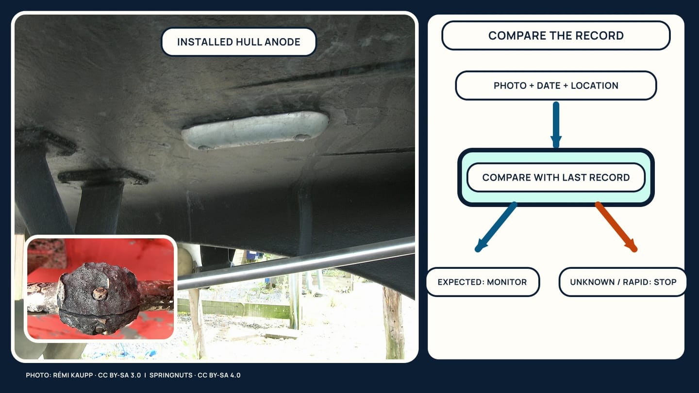 An installed white hull anode above a propeller shaft, with a worn shaft-anode inset and a monitor-or-stop decision path