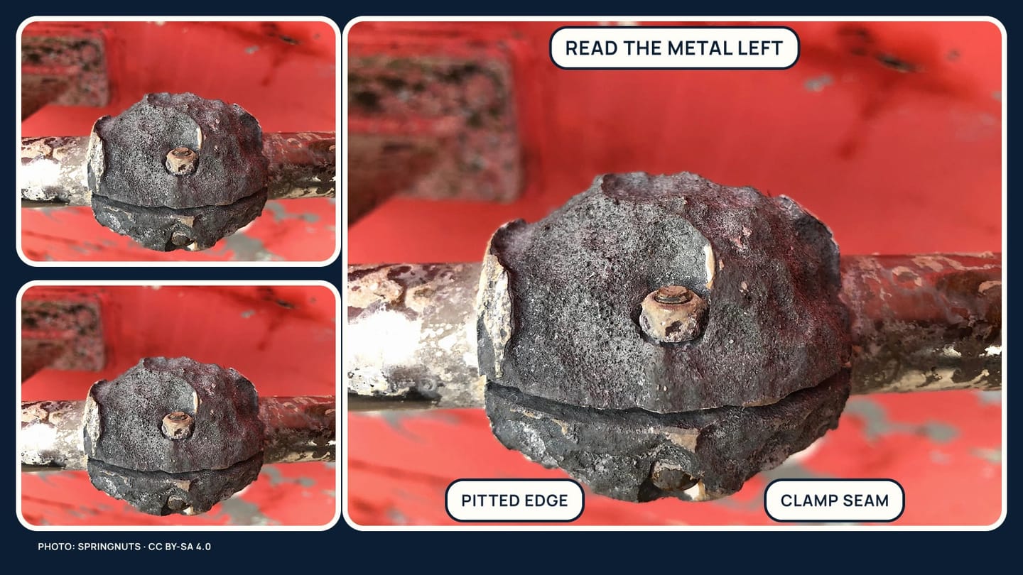 A heavily consumed shaft anode shown full size with close views of its pitted edge and clamp seam