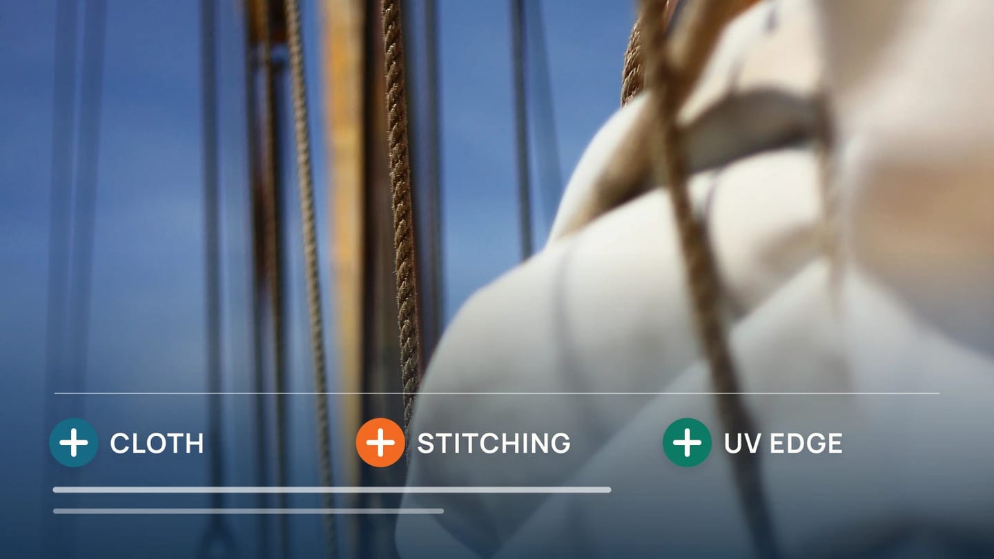A folded sail is paired with cloth, stitching and UV-edge inspection points