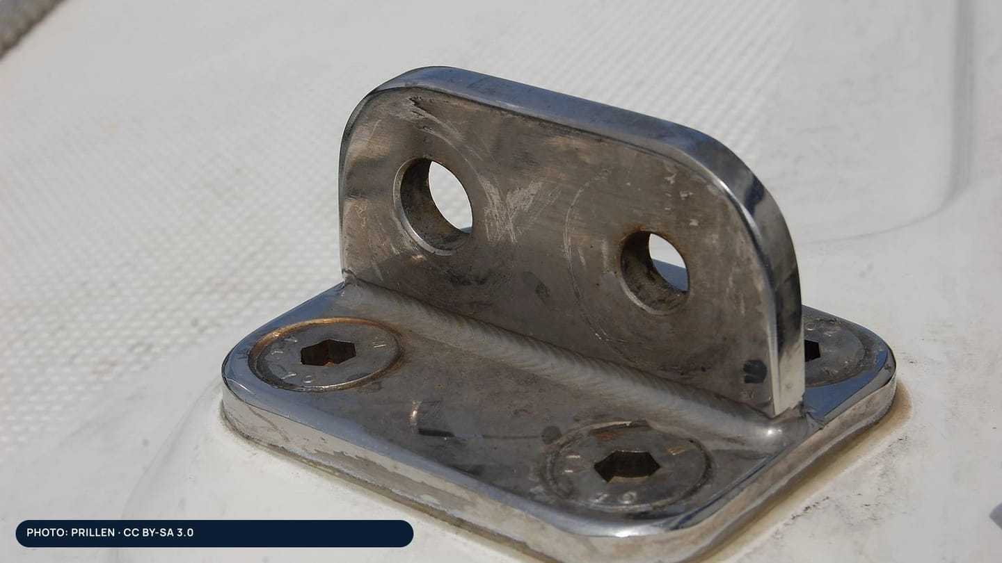 A stainless chainplate fitting bolted through a sailboat deck