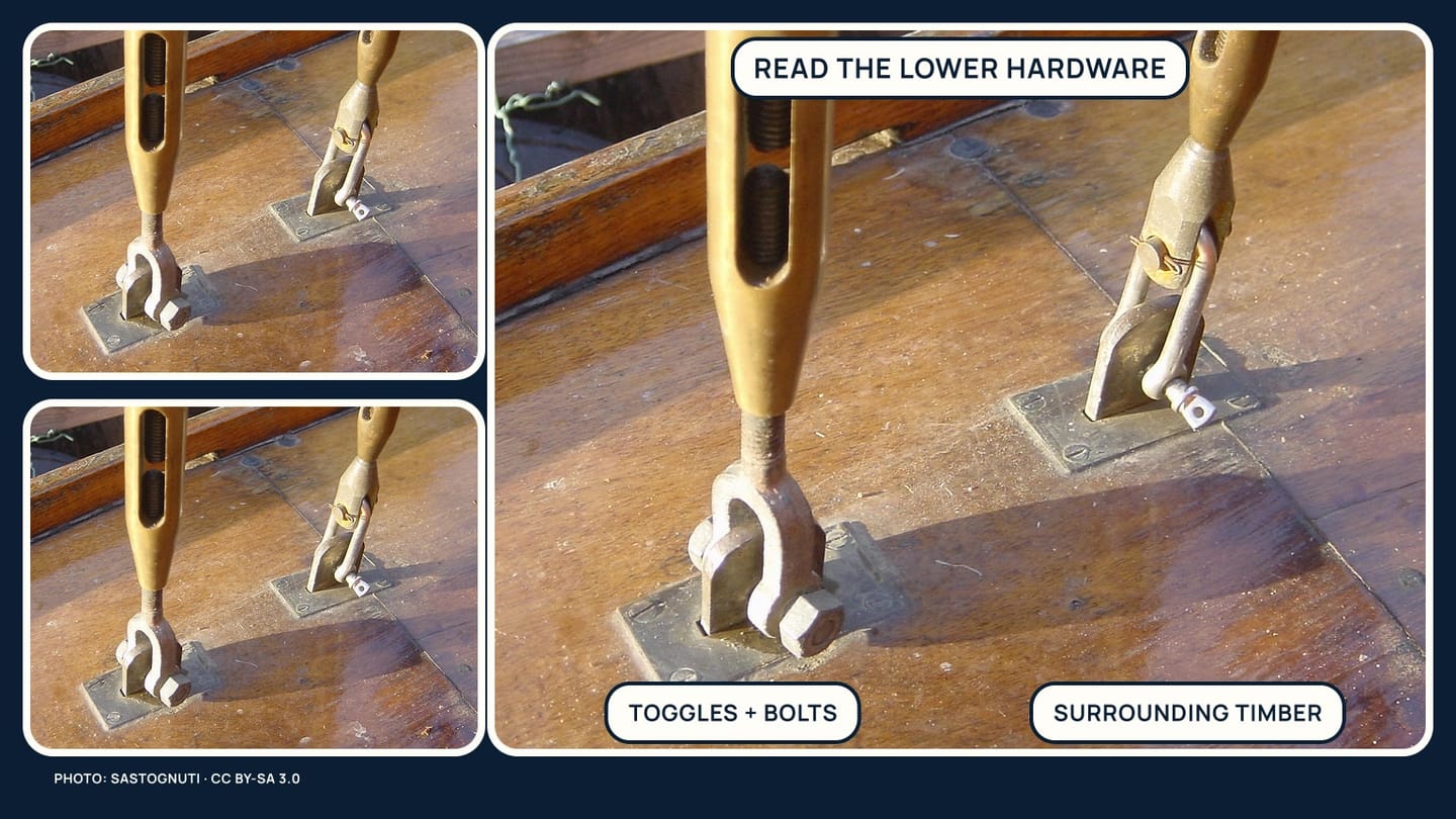 Close photographic views of a below-deck chainplate body, toggles, bolts, and surrounding timber