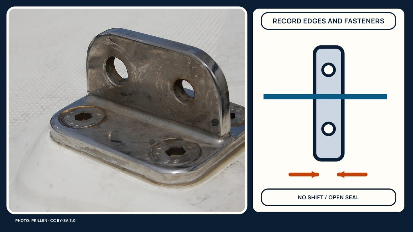 A mounted metal chainplate base with fasteners beside a no-shift and open-seal schematic
