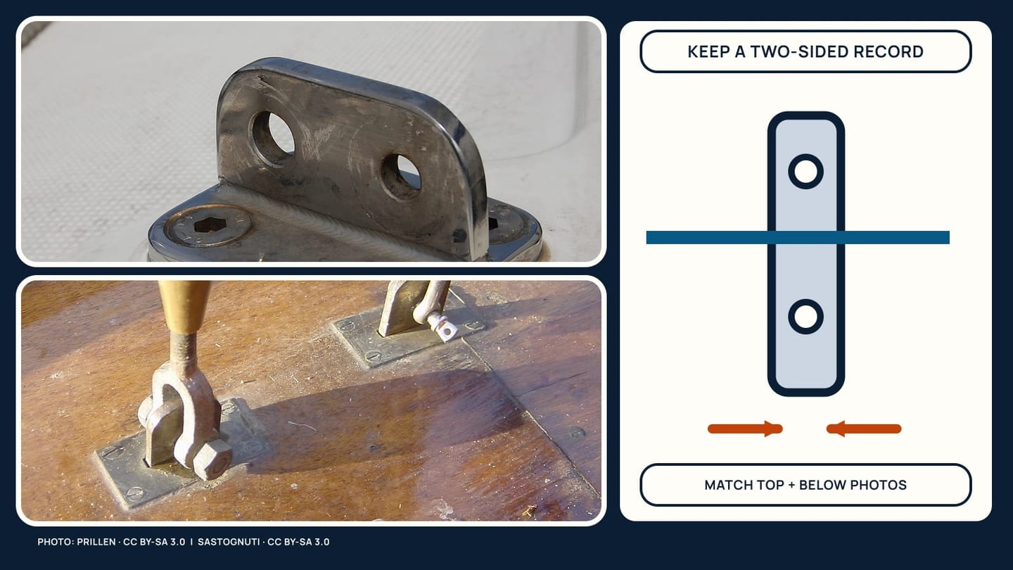 Above-deck and below-deck chainplate photographs arranged as an inspection record