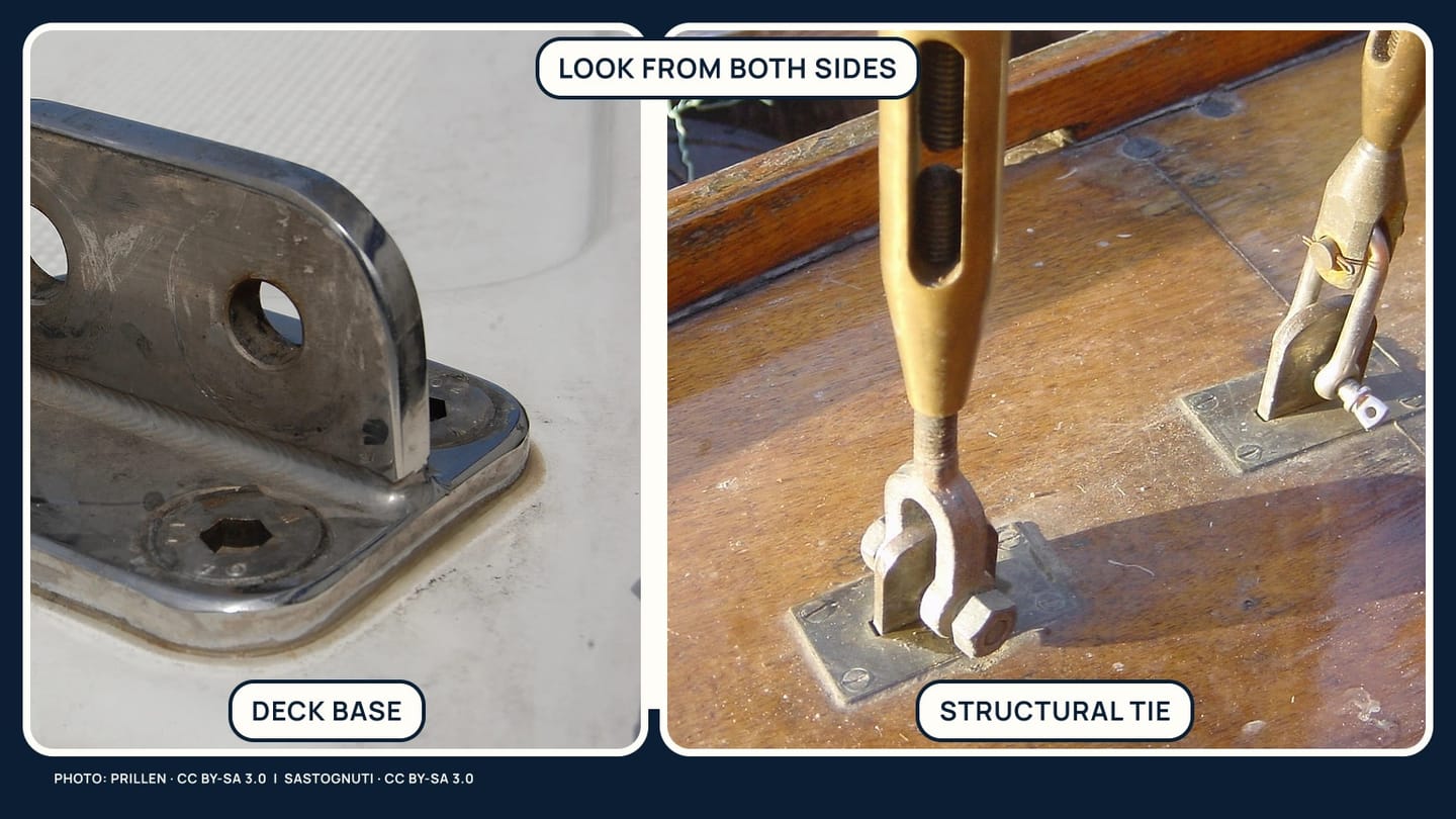 Real chainplate installations photographed above deck and below deck at their structural attachments