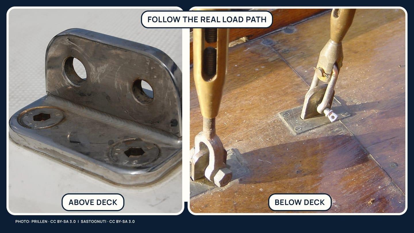 Real above-deck and below-deck chainplate installations compared side by side