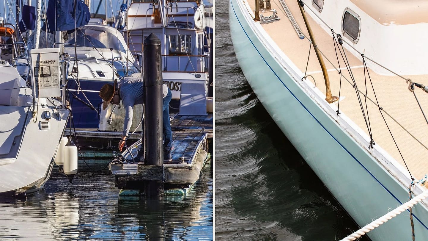 Person working beside a docked sailboat and a close view of a sailboat hull