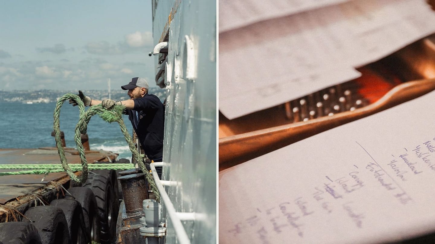 Person handling a quay line beside a handwritten checklist