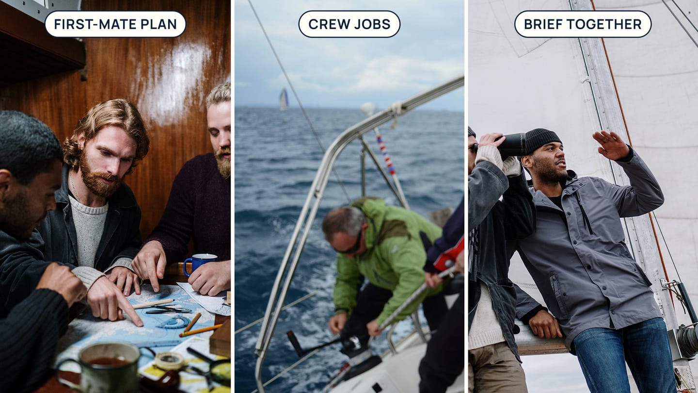 Chart planning, sailors working a line, and two crew members briefing together labelled First-Mate Plan, Crew Jobs, and Brief Together
