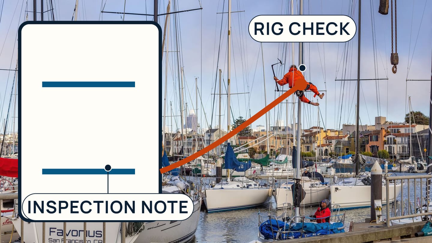 A rigger inspecting a sailboat mast beside a linked inspection note