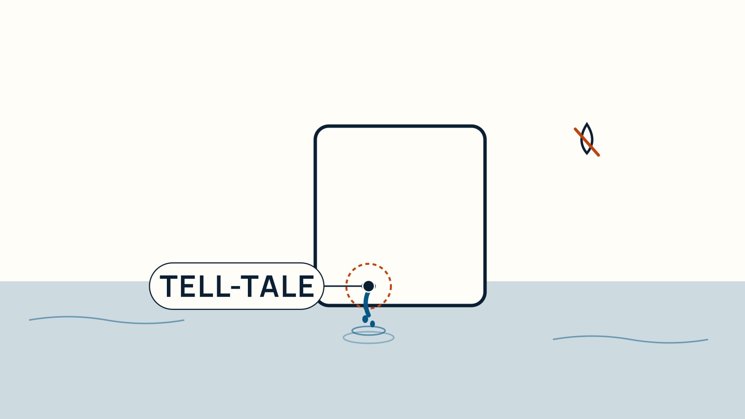 A close-up of a boat's transom showing the tell-tale exhaust outlet with cooling water flowing out, highlighted, with a small no-water warning icon to the side
