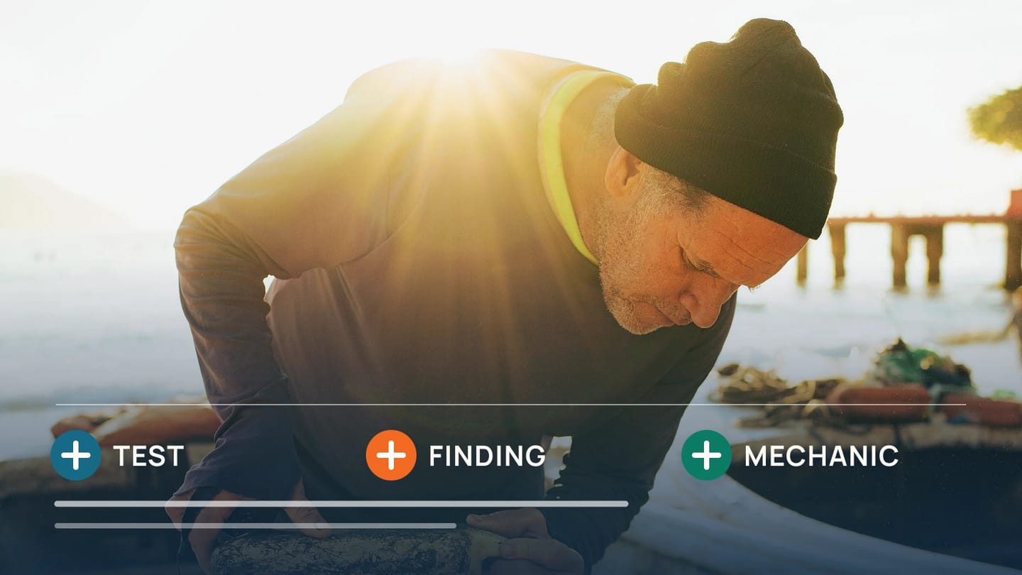 A mechanic working on an engine is paired with a test, finding and mechanic record