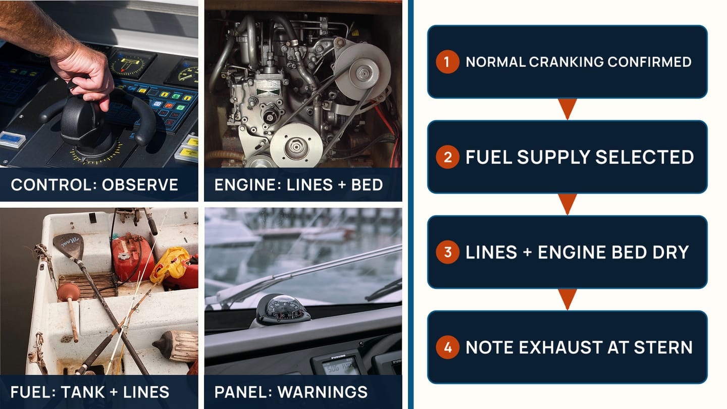 Marine control, installed diesel, fuel supply, and instrument-panel views beside the normal-cranking no-start check path