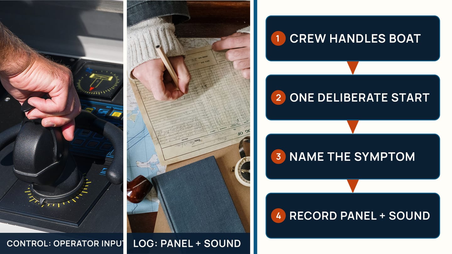 Hand on marine controls and hand writing in a log beside a controlled start-observation sequence