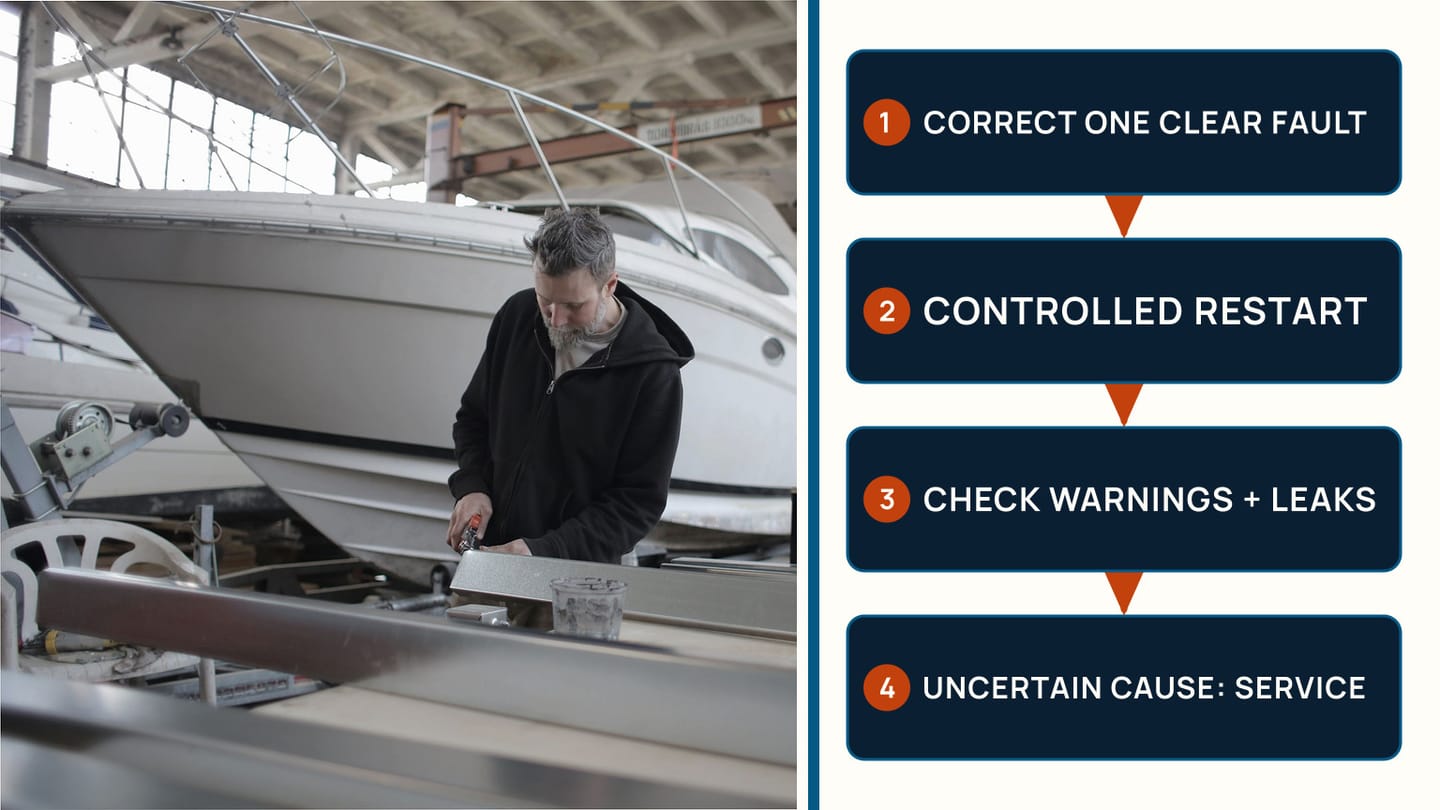 Mechanic working beside a yacht and a controlled restart-to-service path