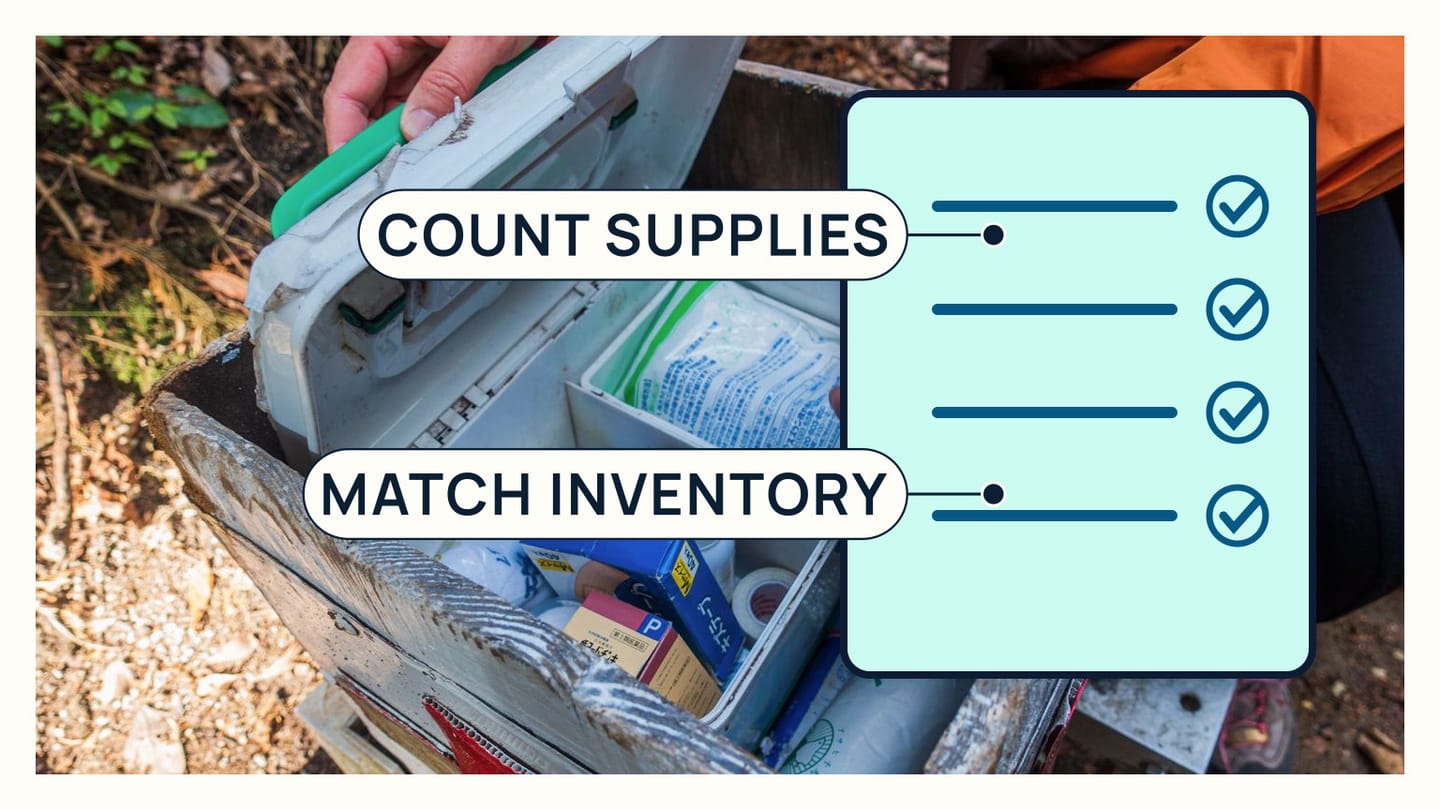 Hands matching real first-aid supplies to an inventory without treating a casualty