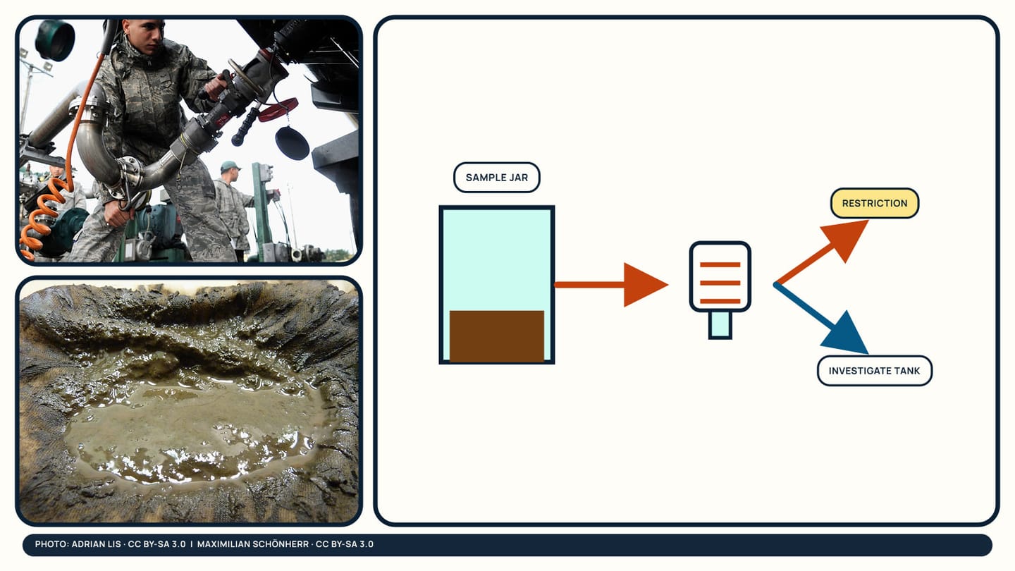 Fuel sample and diesel-sludge photographs beside a sample-to-filter diagnosis branching to restriction or tank investigation